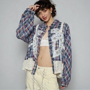 POL Plaid Pattern with Peace Patch Shirt